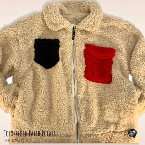 TEDDY SHERPA JACKET COLORBLOCK PATCH POCKET WOMEN’S SIZE SMALL OVERSIZED - Picture 4 of 10